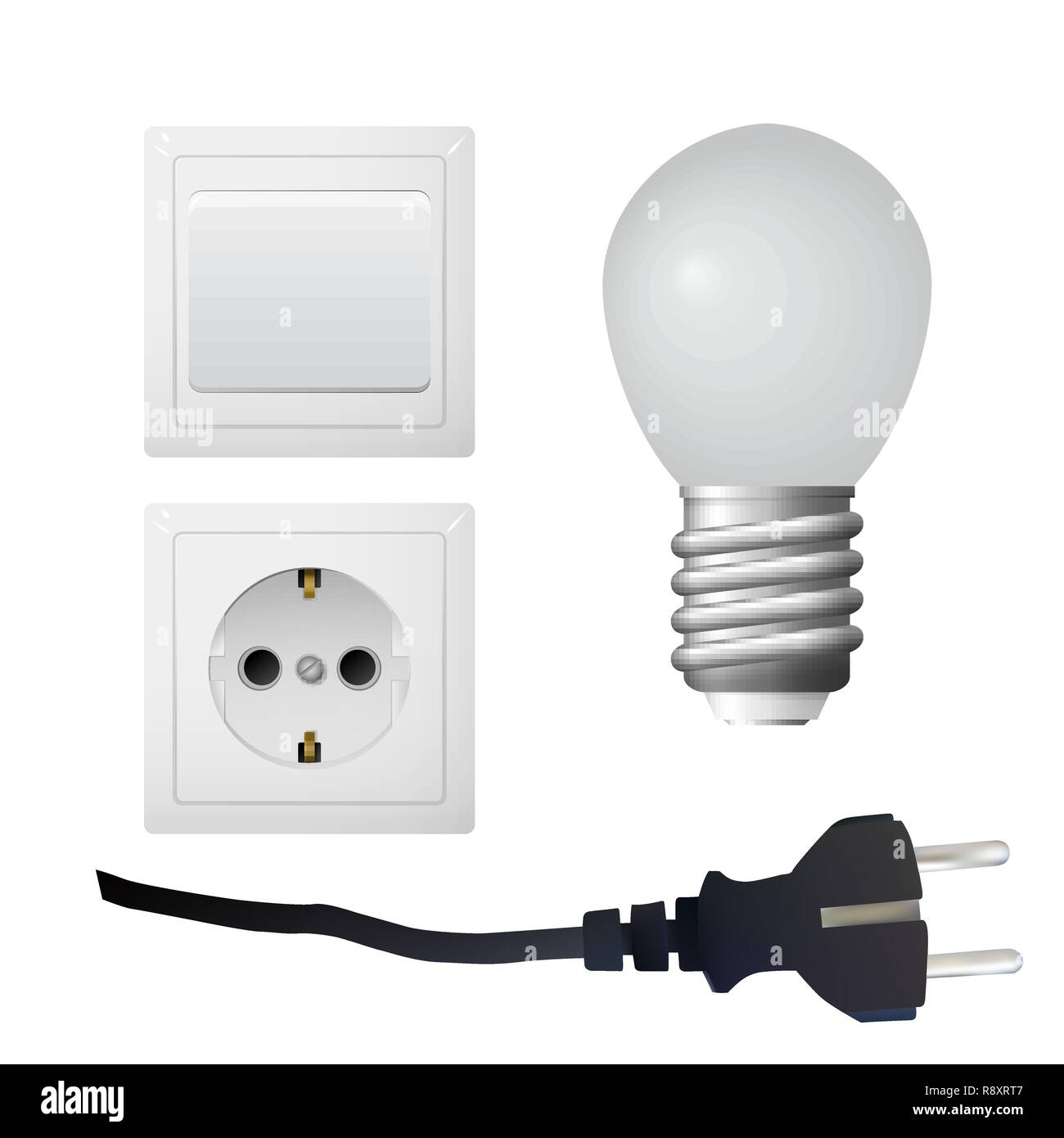 Socket with plug, light bulb. Set of electrical equipment. Vector