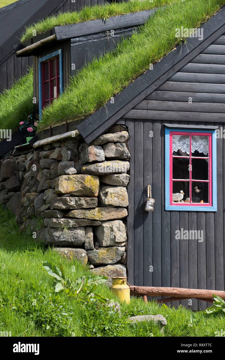 Denmark, Faroe Islands, Kunoy Island, Kunoy, traditional house, window Stock Photo