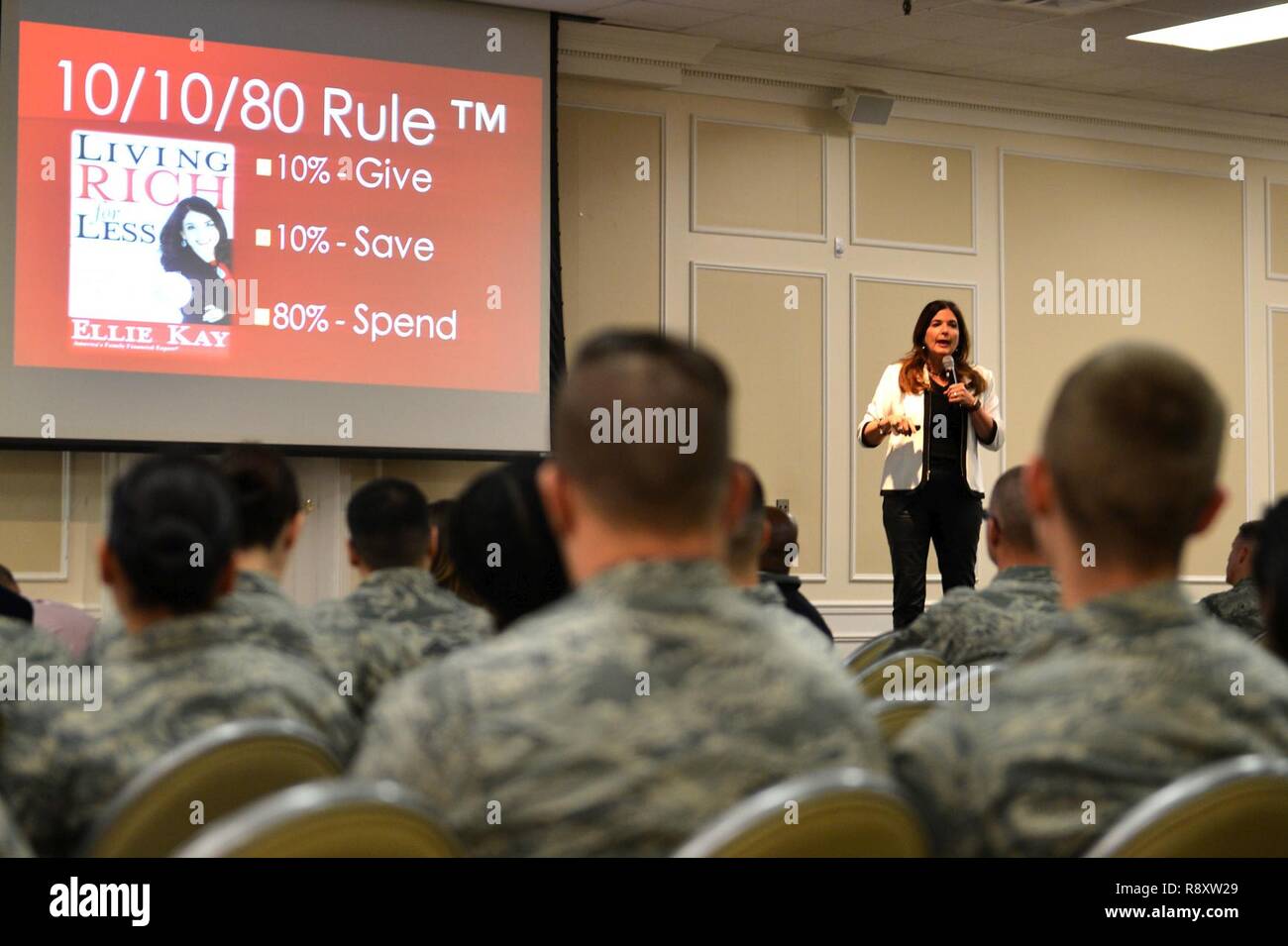 Ellie Kay, Heroes at Home founder and CEO, speaks to Team Shaw members at Heroes at Home, a financial event, at the Carolina Skies Club and Conference Center at Shaw Air Force Base, S.C., March 15, 2017. Service members had the opportunity to interact with a variety of financial experts and planners to talk about savings, social security and various credit subjects Stock Photo