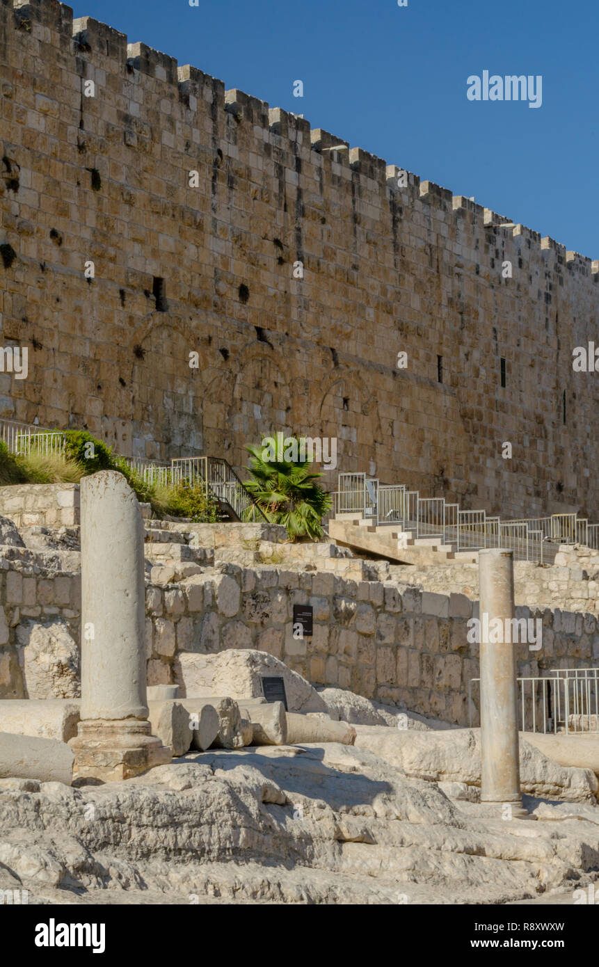 Ancient columns and the Huldah Gates on the southern steps of the