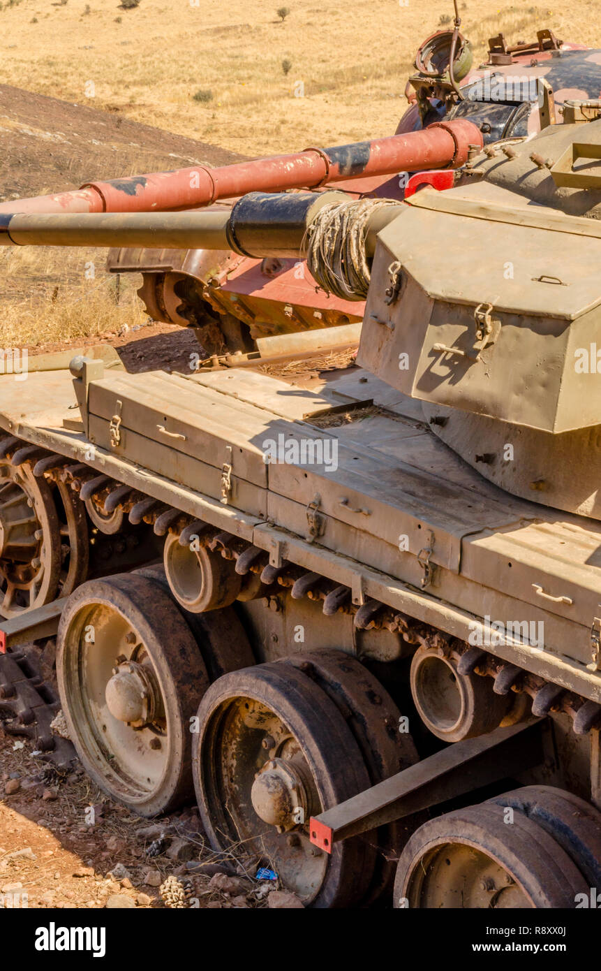 Syrian T62 tank facing an Israeli Centurion tank on the Valley of Tears from the Yom Kippur War in Israel in 1973 Stock Photo