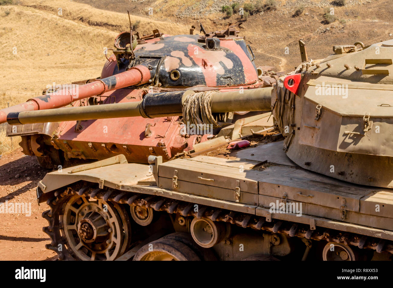 Syrian T62 tank facing an Israeli Centurion tank on the Valley of Tears from the Yom Kippur War in Israel in 1973 Stock Photo