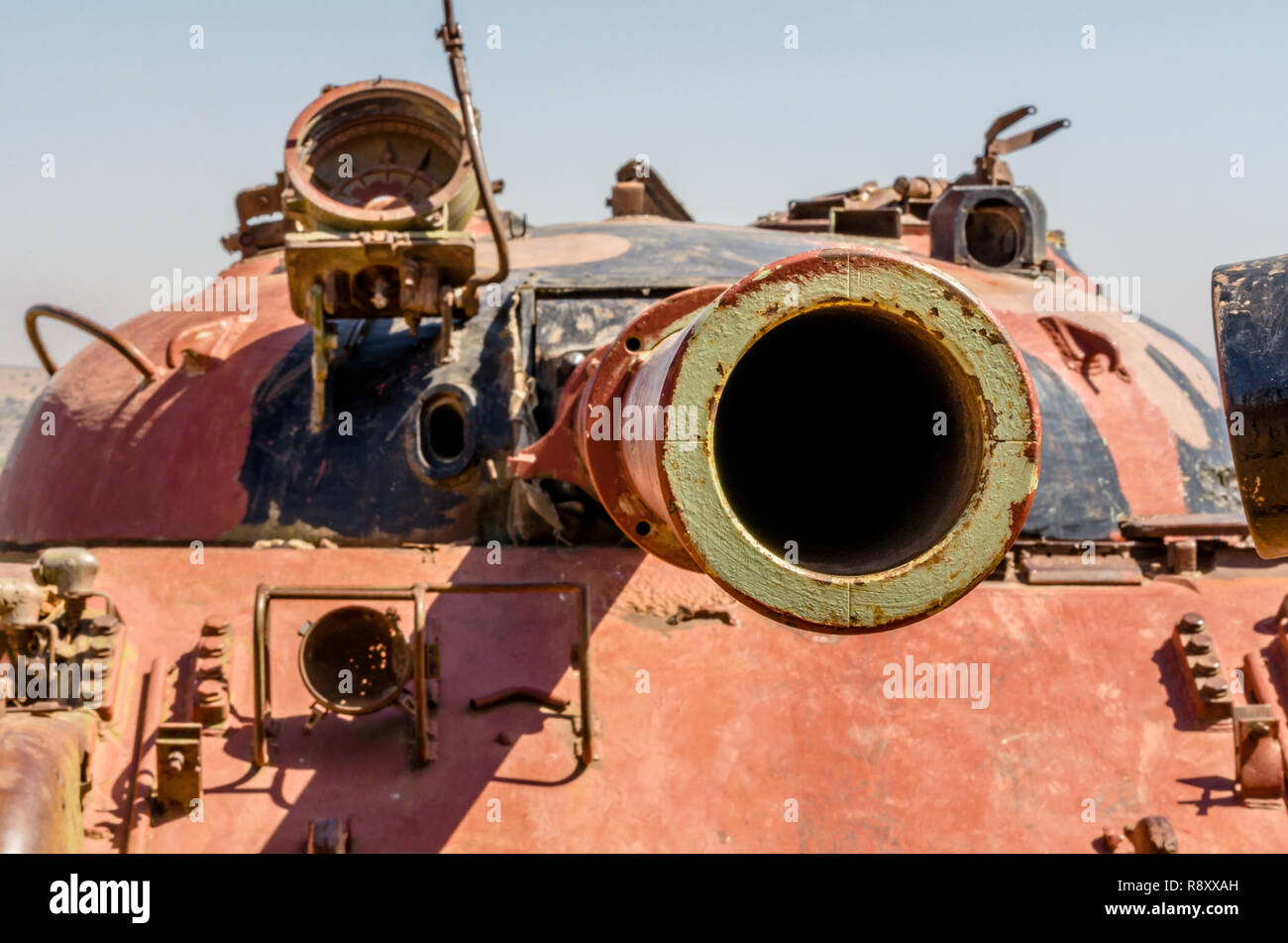 Staring down the barrel of a Syrian T62 tank's gun on the Valley of Tears in Israel from the Yom Kippur War Stock Photo