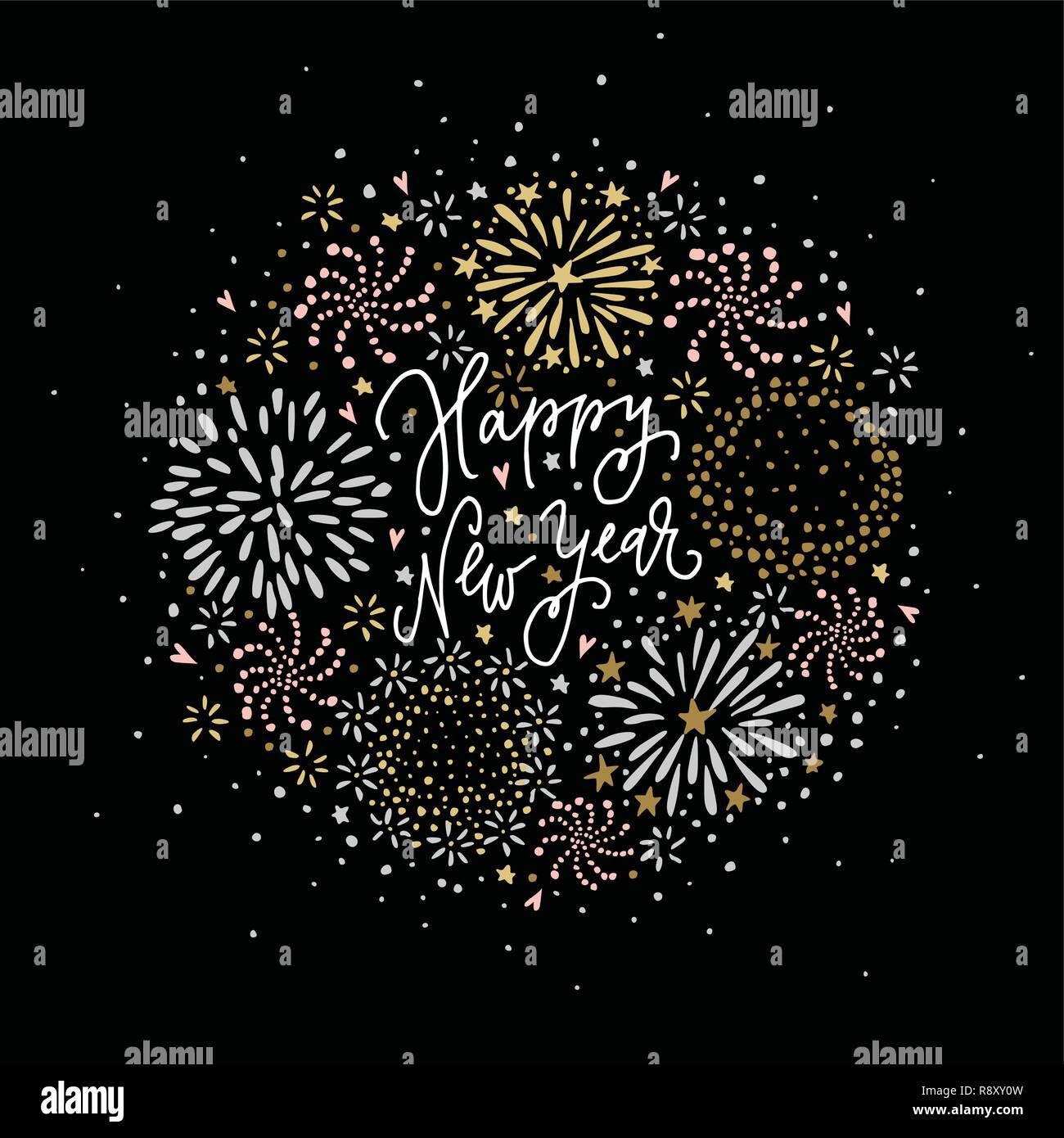 Happy New Year greeting card, invitation. Set of hand drawn silver and ...
