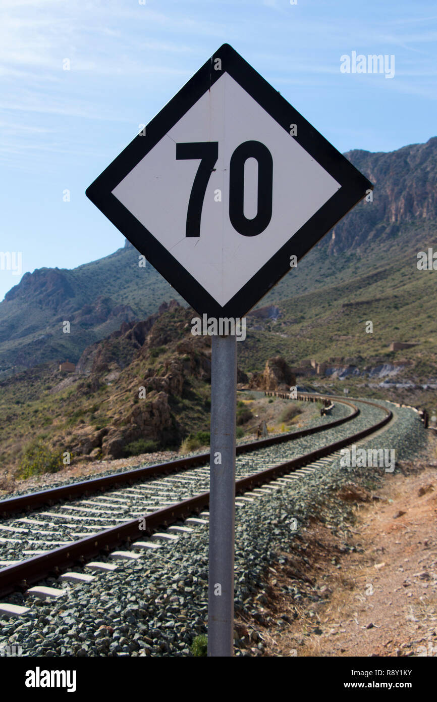 speed limitation sign for railway, signs to the train speed Stock Photo