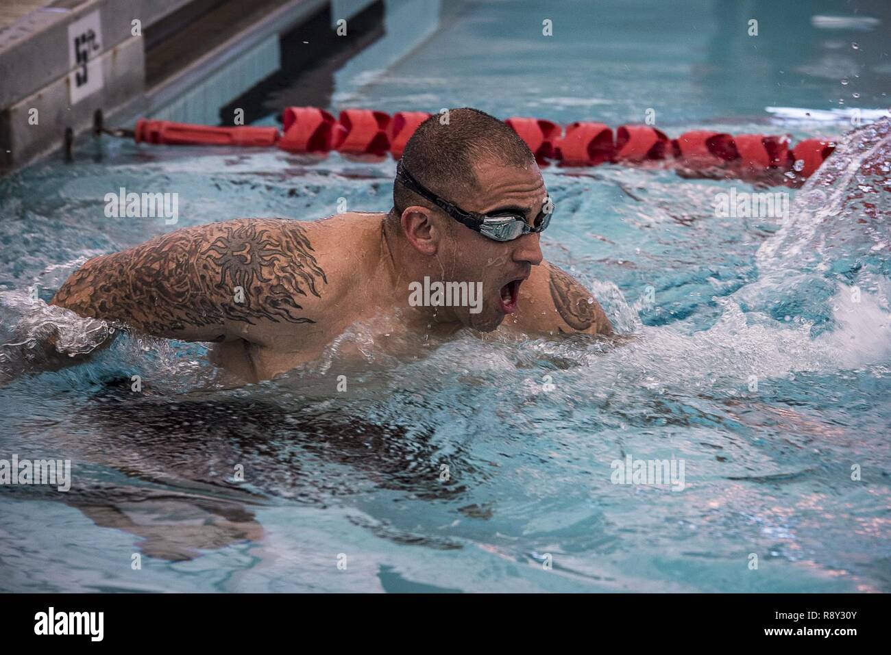 MSgt Armijo finishes the last stretch of the 600 meter swim relay