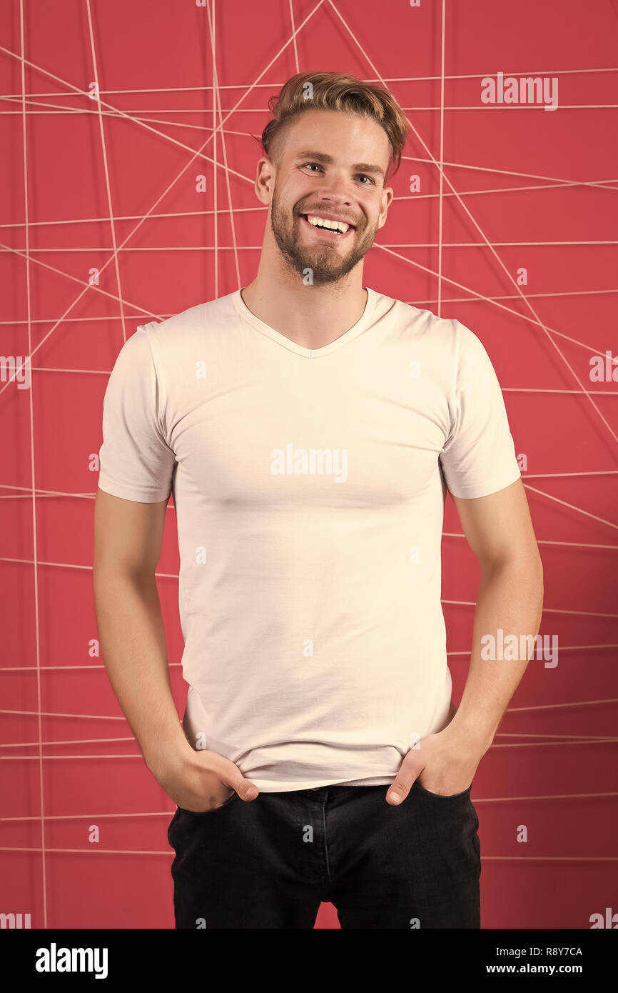Bearded Man Smile In White Tshirt And Jeans Happy Macho With