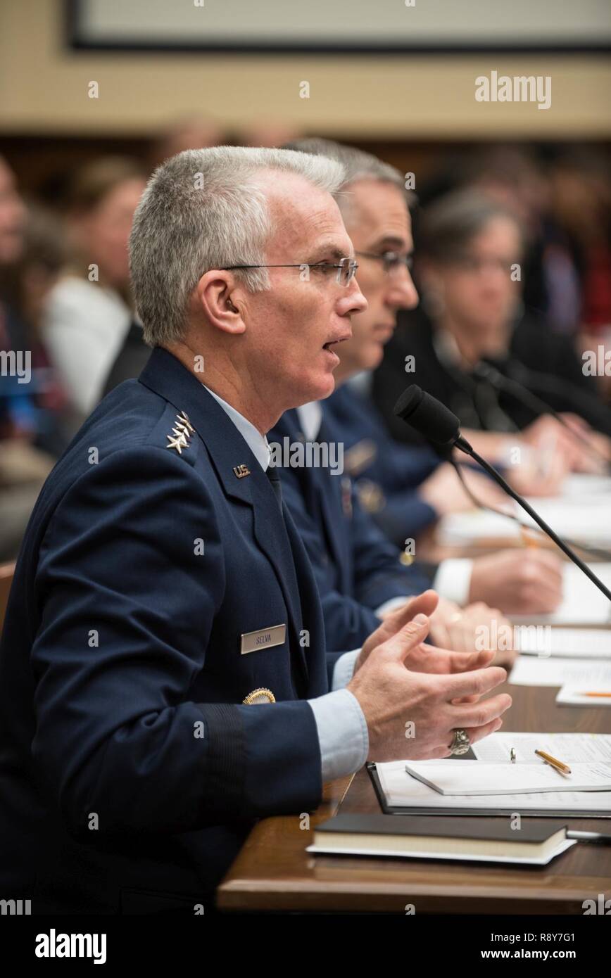 U.S. Air Force Gen. Paul J. Selva, Vice Chairman of the Joint Chiefs of Staff, testifies during a House Armed Services Committee hearing on Capitol Hill, March 7, 2017. Gen. Selva testified alongside U.S. Air Force Gen. John E. Hyten, commander of U.S. Strategic Command; U.S. Navy Adm. Bill Moran, Vice Chief of Naval Operations; and U.S. Air Force Vice Chief of Staff Gen. Stephen Wilson. Gen. Selva spoke about the continuing relevance of U.S. nuclear forces for our national security and the steps the Joint Force is taking to modernize and replace them. He also stated that U.S. weapons, deliver Stock Photo