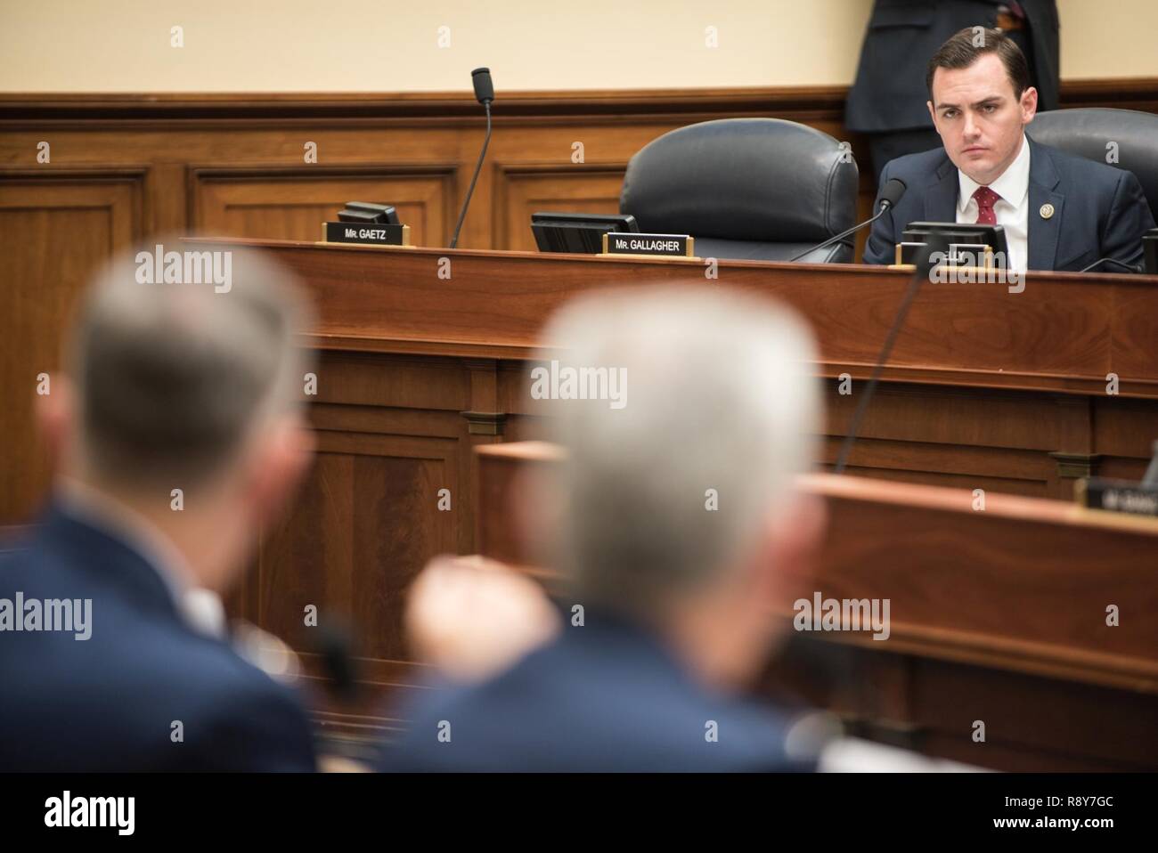 U.S. Rep. Mike Gallagher questions senior military leaders during a House Armed Services Committee hearing on Capitol Hill, March 7, 2017. U.S. Air Force Gen. Selva, Vice Chairman of the Joint Chiefs of Staff, testified alongside U.S. Air Force Gen. John E. Hyten, commander of U.S. Strategic Command; U.S. Navy Adm. Bill Moran, Vice Chief of Naval Operations; and U.S. Air Force Vice Chief of Staff Gen. Stephen Wilson. They spoke about the continuing relevance of U.S. nuclear forces for our national security and the steps the Joint Force is taking to modernize and replace them. He also stated th Stock Photo