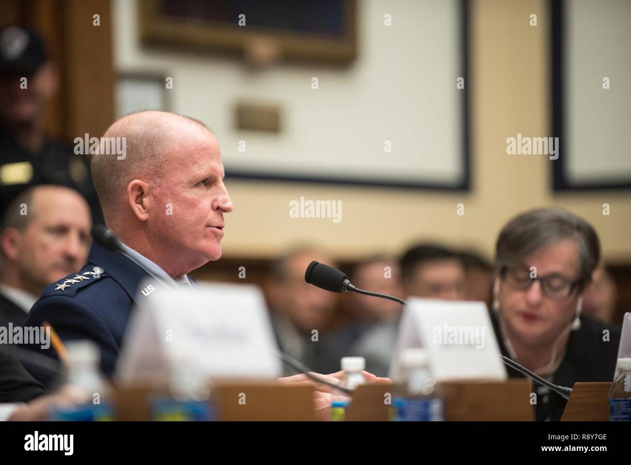 U.S. Air Force Vice Chief of Staff Gen. Stephen Wilson testifies during a House Armed Services Committee hearing on Capitol Hill, March 7, 2017. Gen. Wilson testified alongside U.S. Air Force Gen. Paul J. Selva, Vice Chairman of the Joint Chiefs of Staff, U.S. Air Force Gen. John E. Hyten, commander of U.S. Strategic Command; and U.S. Navy Adm. Bill Moran, Vice Chief of Naval Operations. They spoke about the continuing relevance of U.S. nuclear forces for our national security and the steps the Joint Force is taking to modernize and replace them. He also stated that U.S. weapons, delivery syst Stock Photo