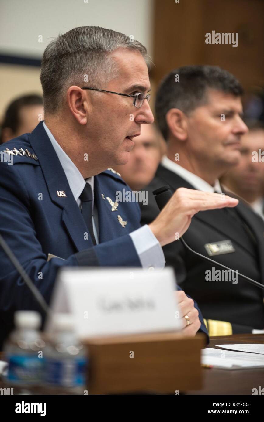U.S. Air Force Gen. John E. Hyten, commander of U.S. Strategic Command, testifies during a House Armed Services Committee hearing on Capitol Hill, March 7, 2017. Gen. Hyten testified alongside U.S. Air Force Gen. Paul J. Selva, Vice Chairman of the Joint Chiefs of Staff; U.S. Navy Adm. Bill Moran, Vice Chief of Naval Operations; and U.S. Air Force Vice Chief of Staff Gen. Stephen Wilson. They spoke about the continuing relevance of U.S. nuclear forces for our national security and the steps the Joint Force is taking to modernize and replace them. He also stated that U.S. weapons, delivery syst Stock Photo