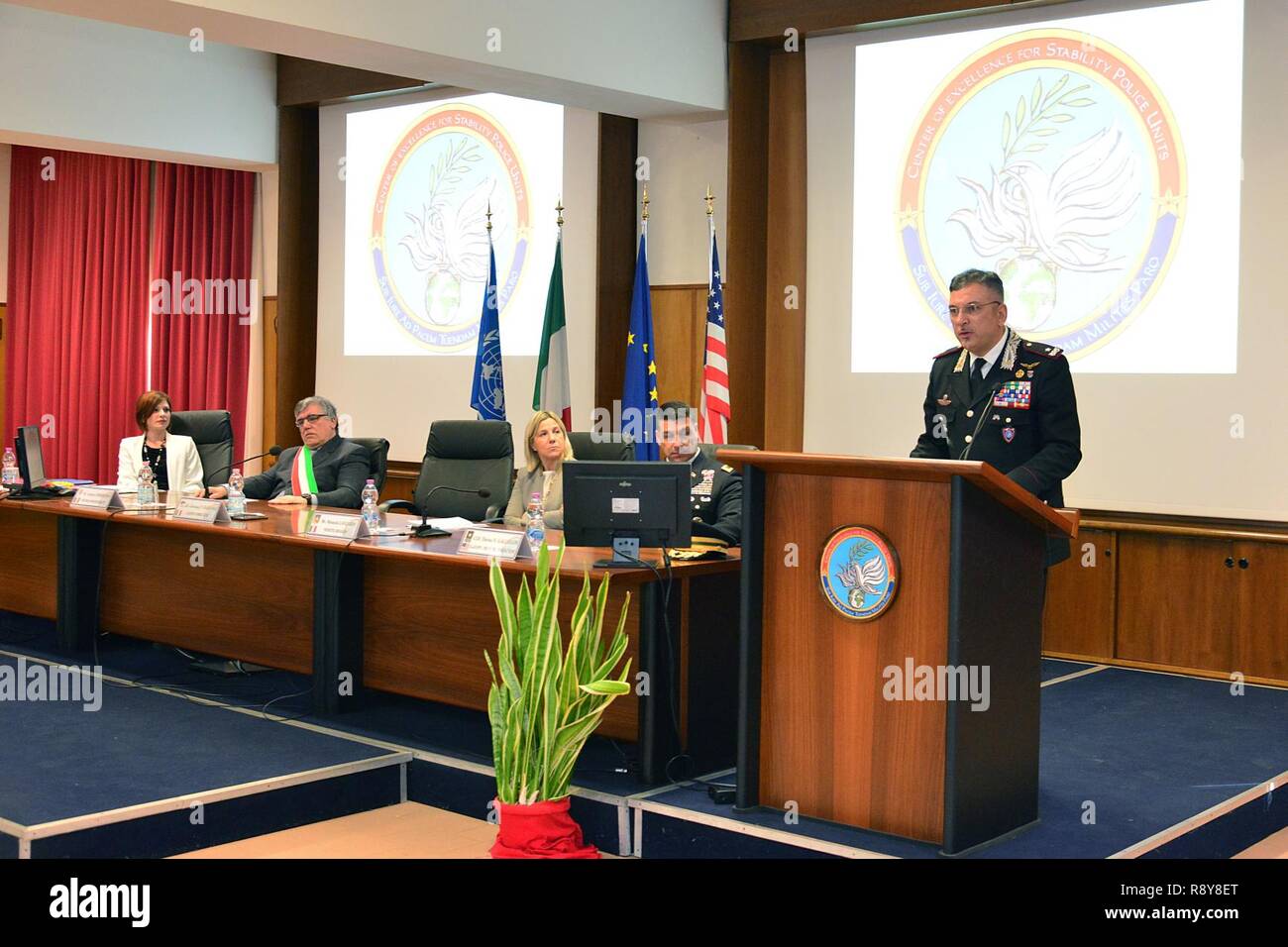 Brig. Gen. Giovanni Pietro Barbano , Center of Excellence for Stability Police Units (CoESPU) director, addresses attendees at the opening ceremony of the 5th “Gender Protection in Peace Operations” Course at the  CoESPU in Vicenza, Italy, Mar. 8, 2017. The event brought together military and civic leaders of the local community and offered the opportunity to celebrate International Women's Day. Stock Photo