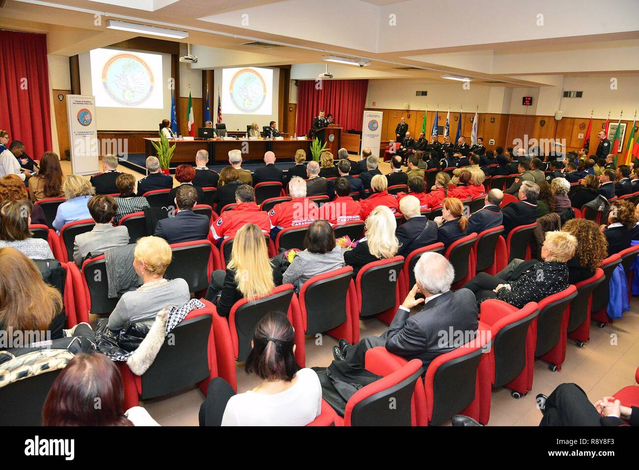 Brig. Gen. Giovanni Pietro Barbano , Center of Excellence for Stability Police Units (CoESPU) director, addresses attendees at the opening ceremony of the 5th “Gender Protection in Peace Operations” Course at the  CoESPU in Vicenza, Italy, Mar. 8, 2017. The event brought together military and civic leaders of the local community and offered the opportunity to celebrate International Women's Day. Stock Photo