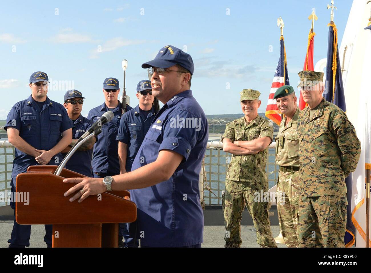 Rear Adm. Vincent Atkins, commander, Coast Guard 14th District, speaks ...
