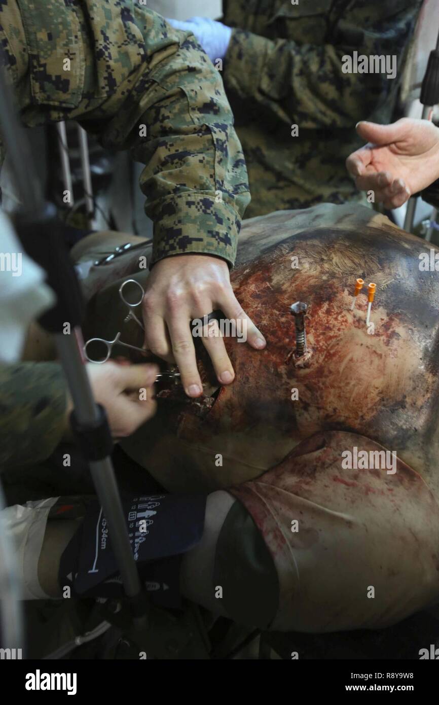 A Sailor makes an incision into a cut suit, a thick suit that resembles a chest while protecting the person wearing it, during Naval Medical Augmentation Program training at Camp Lejeune, N.C., Feb. 27-March 2. NMAP is a realistic training scenario designed to refresh and maintain Sailors’ skills on resource management and communication, especially in a deployed environment. The Sailors are with 2nd Medical Battalion. Stock Photo