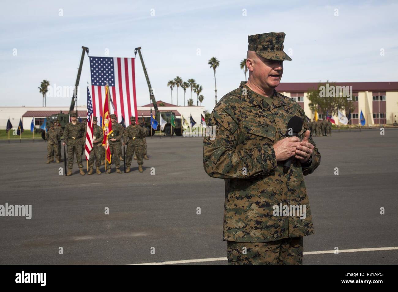 U.S. Marine Corps Sgt. Maj. William Slade gives his remarks during a