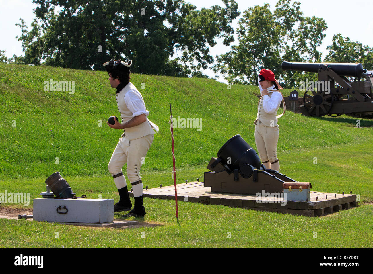 Historical reenactors firing a mortar at Fort Niagara State Park in Lewiston, New York. Stock Photo