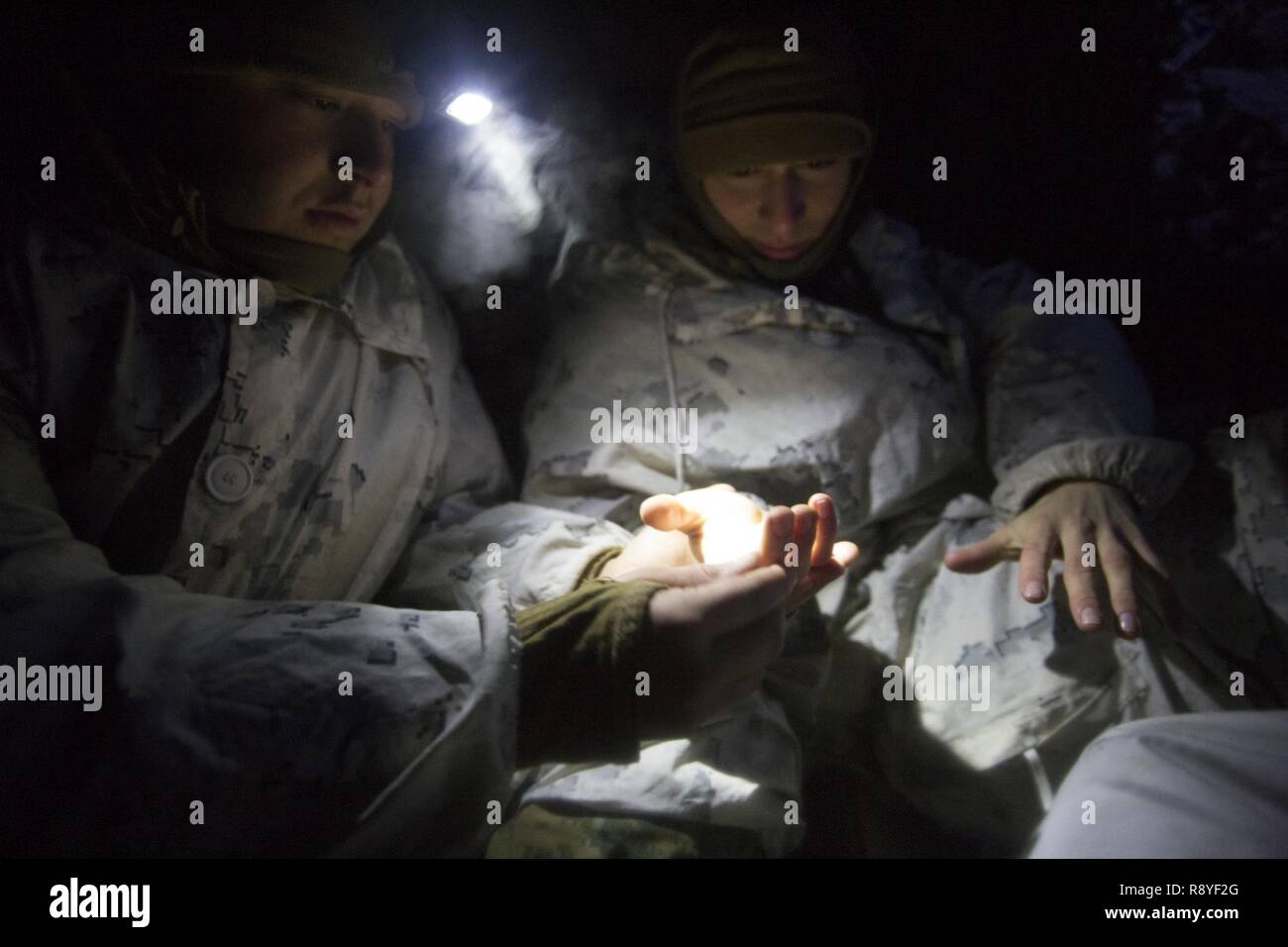U.S. Marines Lance Cpl. Christopher Perez and Lance Cpl. Jacob Dement check fingers for cold weather injuries March 11, 2017, in the Arctic Circle of Norway.  Marine Rotational Force Europe 17.1 (MRF-E) participated in Exercise Joint Viking, a multilateral exercise between U.S., U.K., Norwegian, and Dutch forces. The partnership is built upon shared values, experiences, and vision. Dement and Perez are riflemen with 1st Platoon, MRF-E. Stock Photo