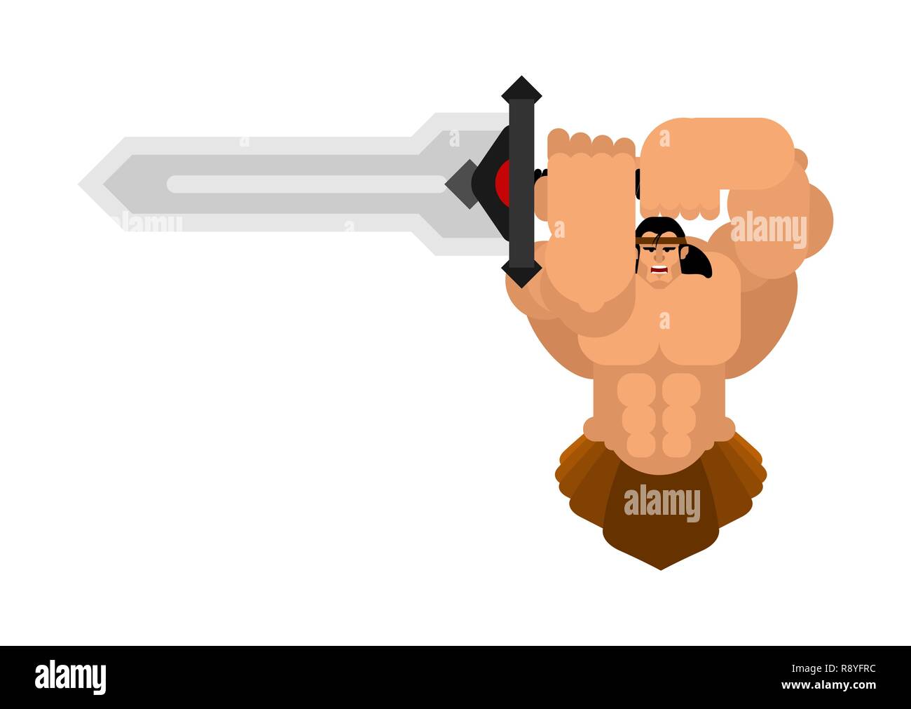 Barbarian with sword. Strong Warrior with weapons Big blade. berserk Brutal man. Strong Powerful Medieval Mercenary Soldier. Vector illustration Stock Vector