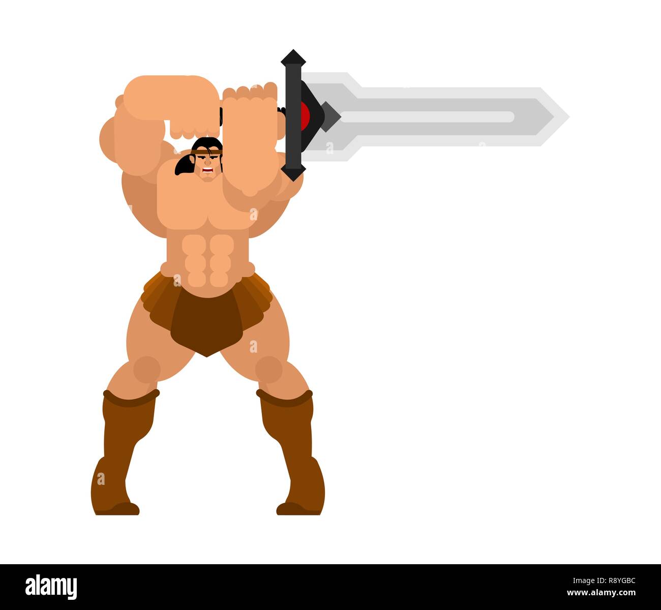 Barbarian with sword. Strong Warrior with weapons Big blade. berserk Brutal man. Strong Powerful Medieval Mercenary Soldier. Vector illustration Stock Vector