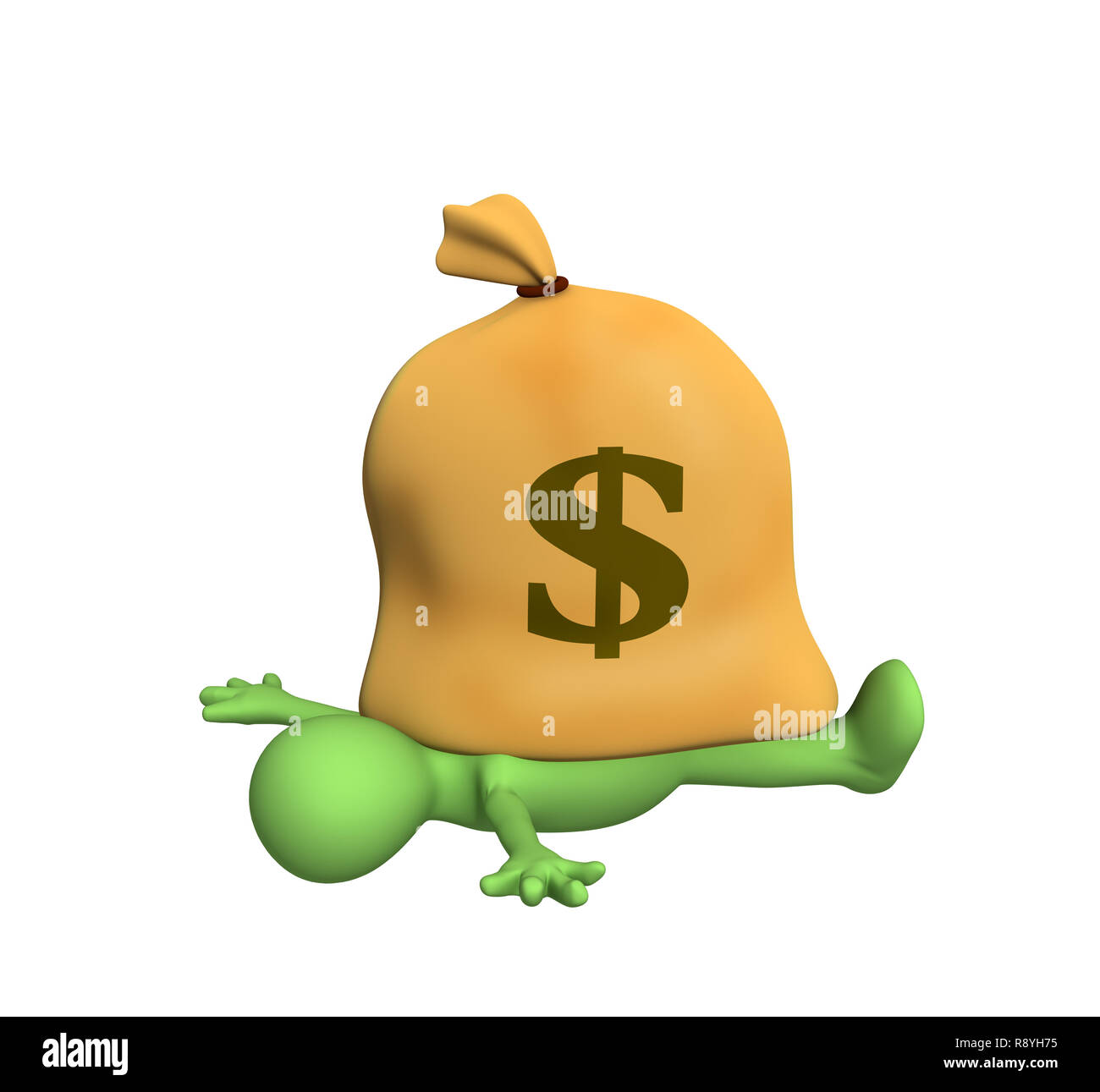 3d person - puppet, pressed down by a bag with dollars. Objects over white Stock Photo