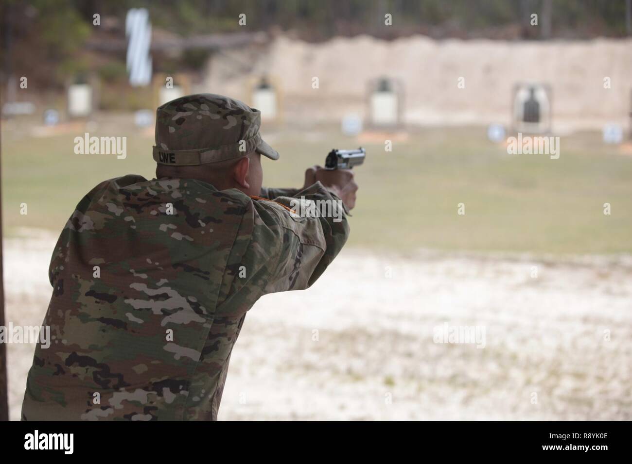 U.S. Army 2nd Lieutenant Daniel Lwe, attached to the 982D Combat Camera Company (Airborne), qualifies with the 9M at a range on Fort Jackson, S.C., March 18, 2017. The 982nd Combat Camera Company (Airborne) is one of only two combat camera companies in the U.S. Army tasked with providing the Office of the Secretary of Defense, Chairman of the Joint Chiefs of Staff, and the military departments with a directed imagery capability in support of operational and planning requirements through the full range of military operations. Stock Photo