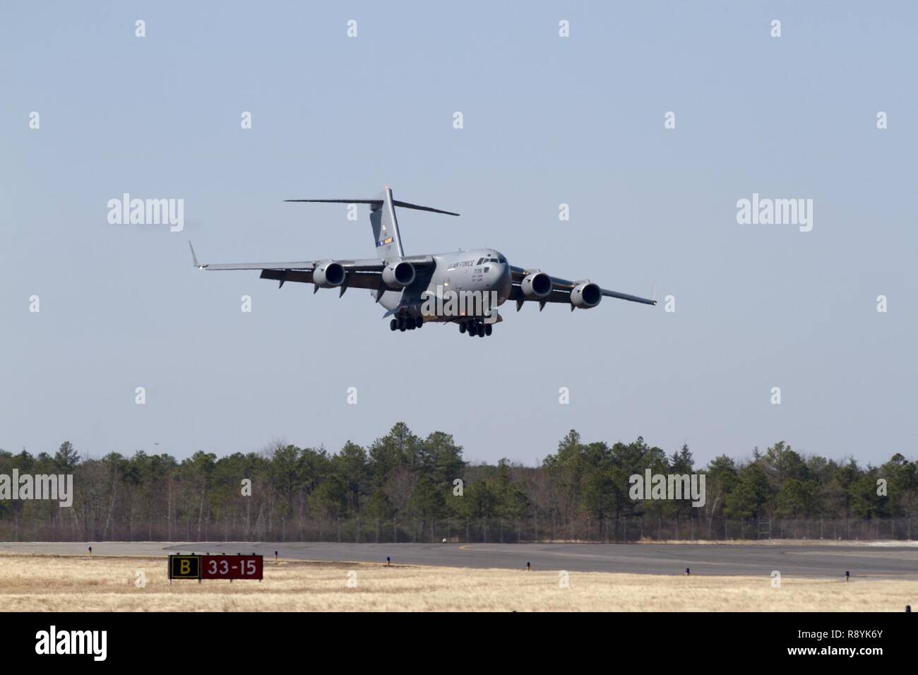 An Air Force C17 Globemaster on final approach as it prepares to land at Lakehurst Maxfield