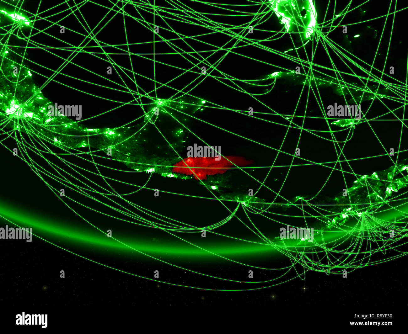 Honduras on green model of planet Earth with network representing green ...