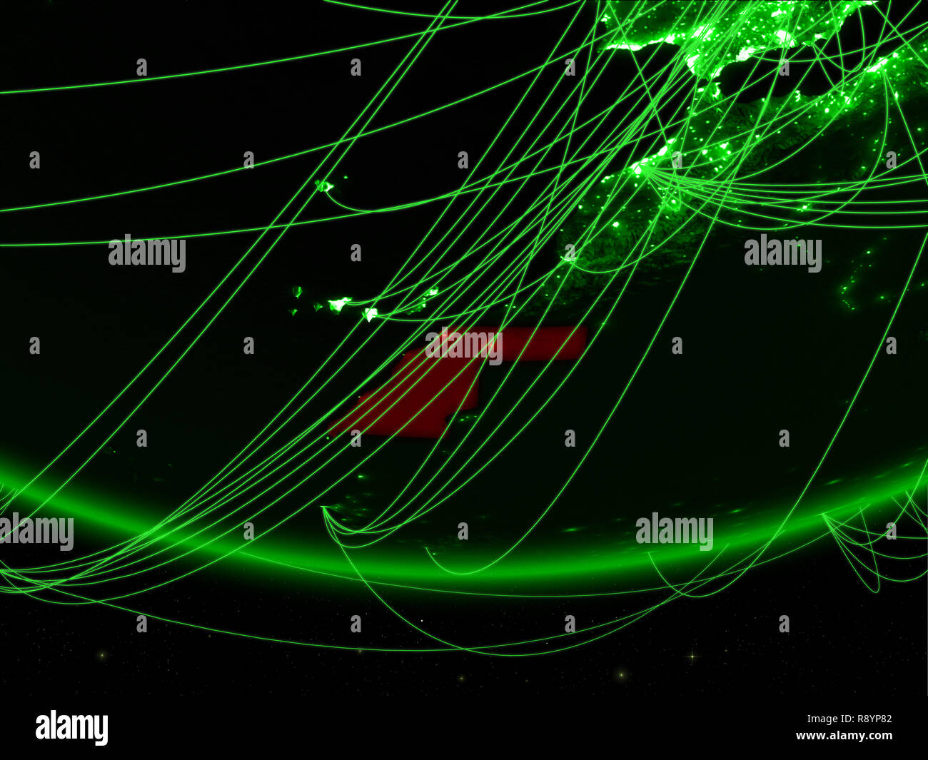 Western Sahara on green model of planet Earth with network representing ...