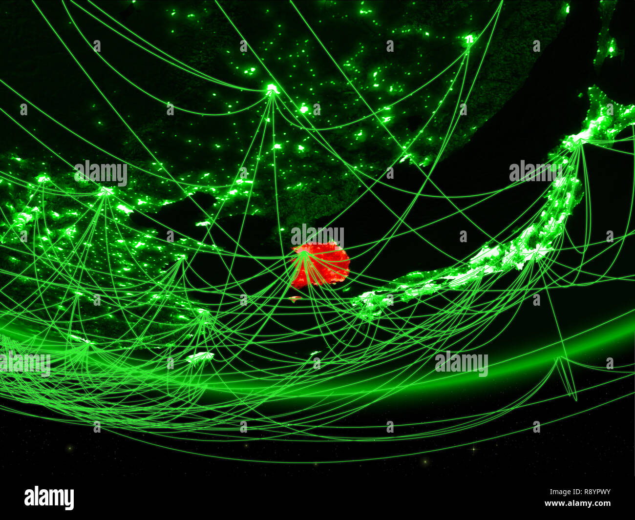 South Korea on green model of planet Earth with network representing ...