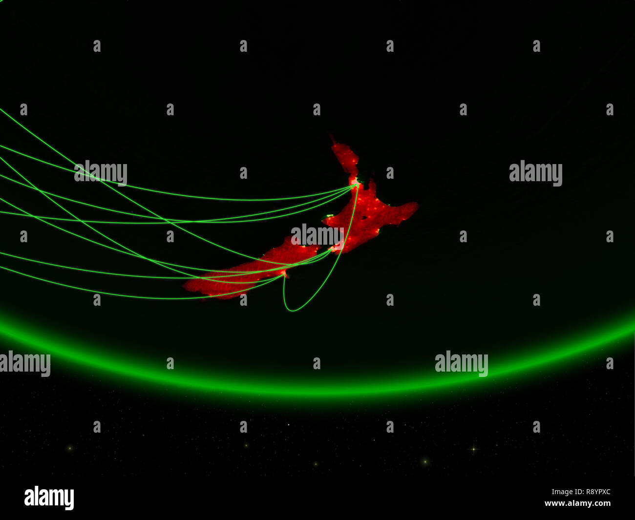 New Zealand on green model of planet Earth with network representing ...
