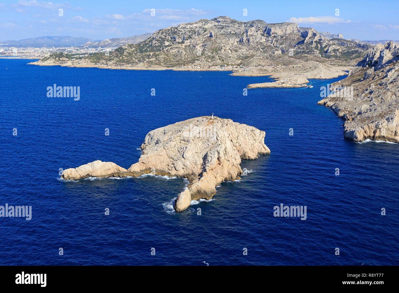 France, Bouches du Rhone, Calanques National Park, Marseille, 8th arrondissement, Tiboulen island of Mayor and Cap Croisette in the background (aerial view) Stock Photo