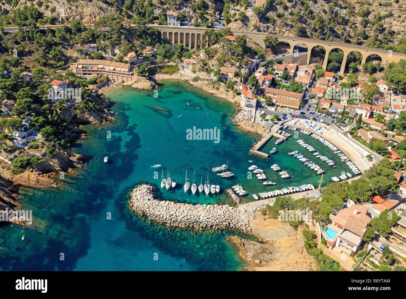 France, Bouches du Rhone, The Blue Coast, Ensuès la Redonne, the port of La Redonne (aerial view