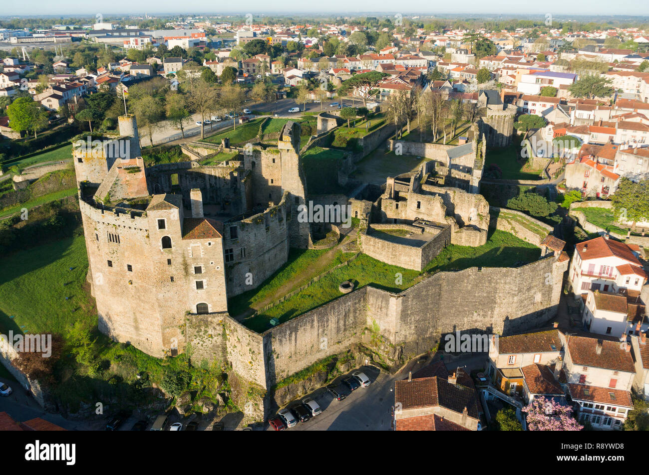 Clisson (north-western France). Aerial view of the castle with the roofs of the city in the background *** Local Caption *** Stock Photo