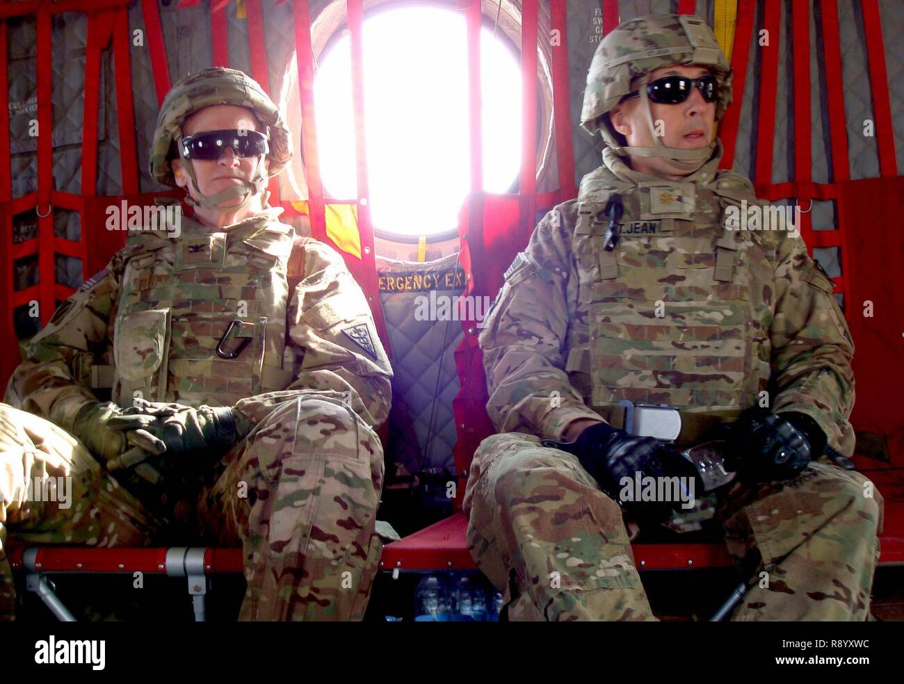 Col. Robert Suter, commander, 3rd Medical Command (Deployment Support)  Forward and Maj. Kyle St. Jean, commander, 947th Forward Surgical Team,  conduct battlefield circulation in Helmand Province, Afghanistan, March 22,  2017. Sutter was