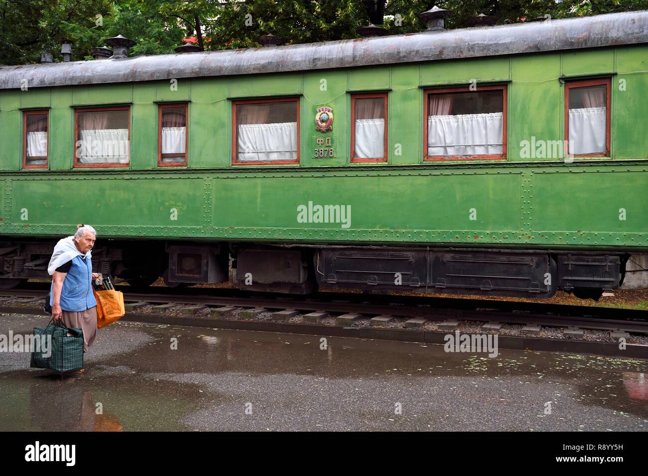 Georgia, Shida Kartli, Gori, hometown of Joseph Stalin, Stalin museum, green Pullman Stalin's personal railway carriage which is armour plated and weighs 83 tons Stock Photo