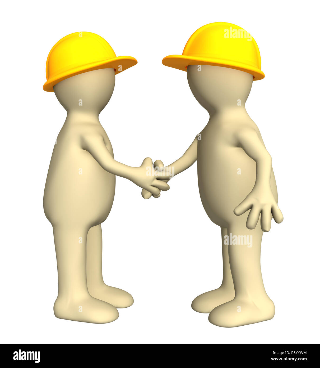 Hand shake of two puppets - builders Stock Photo