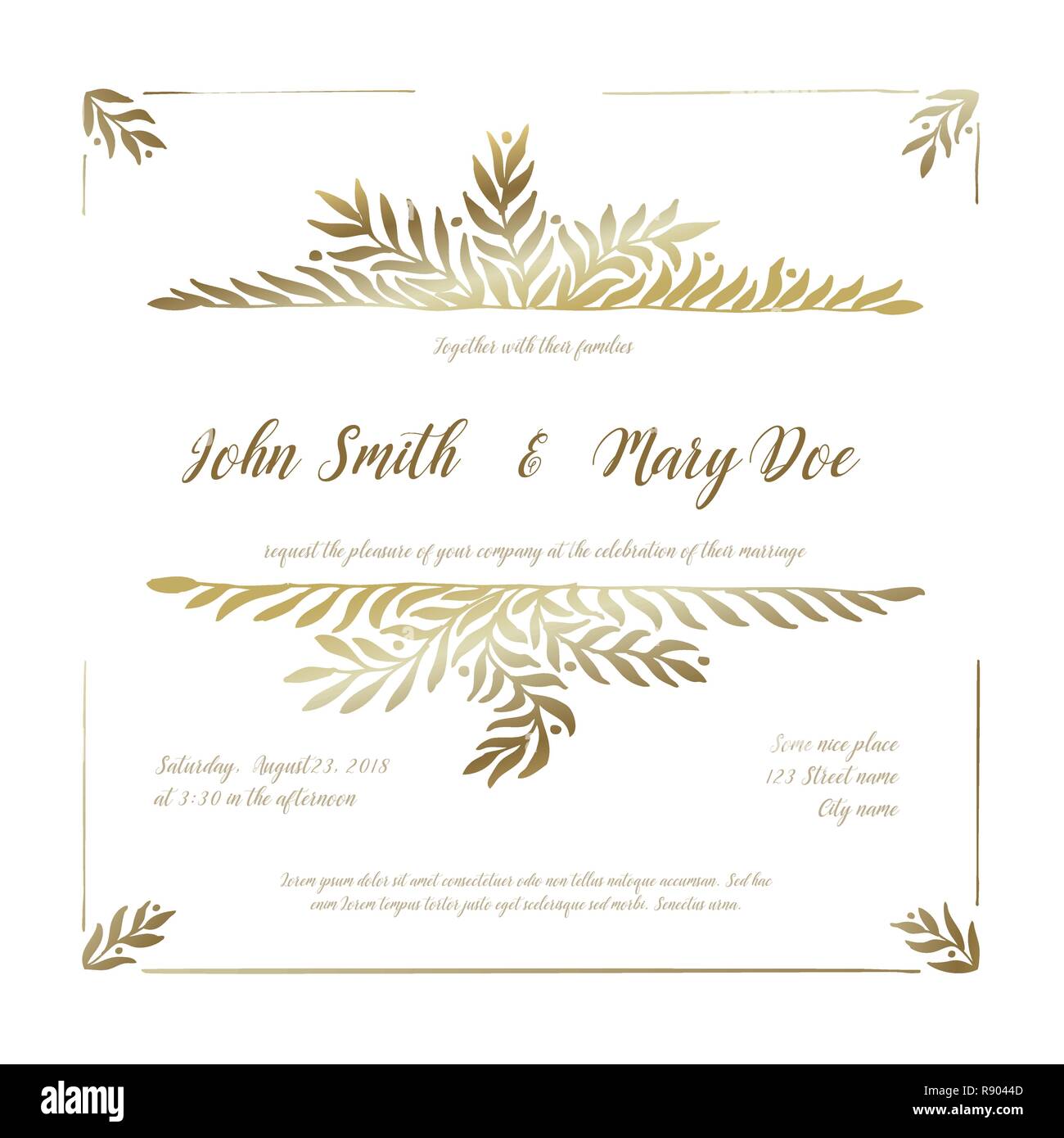 vector wedding invitation card template with golden floral