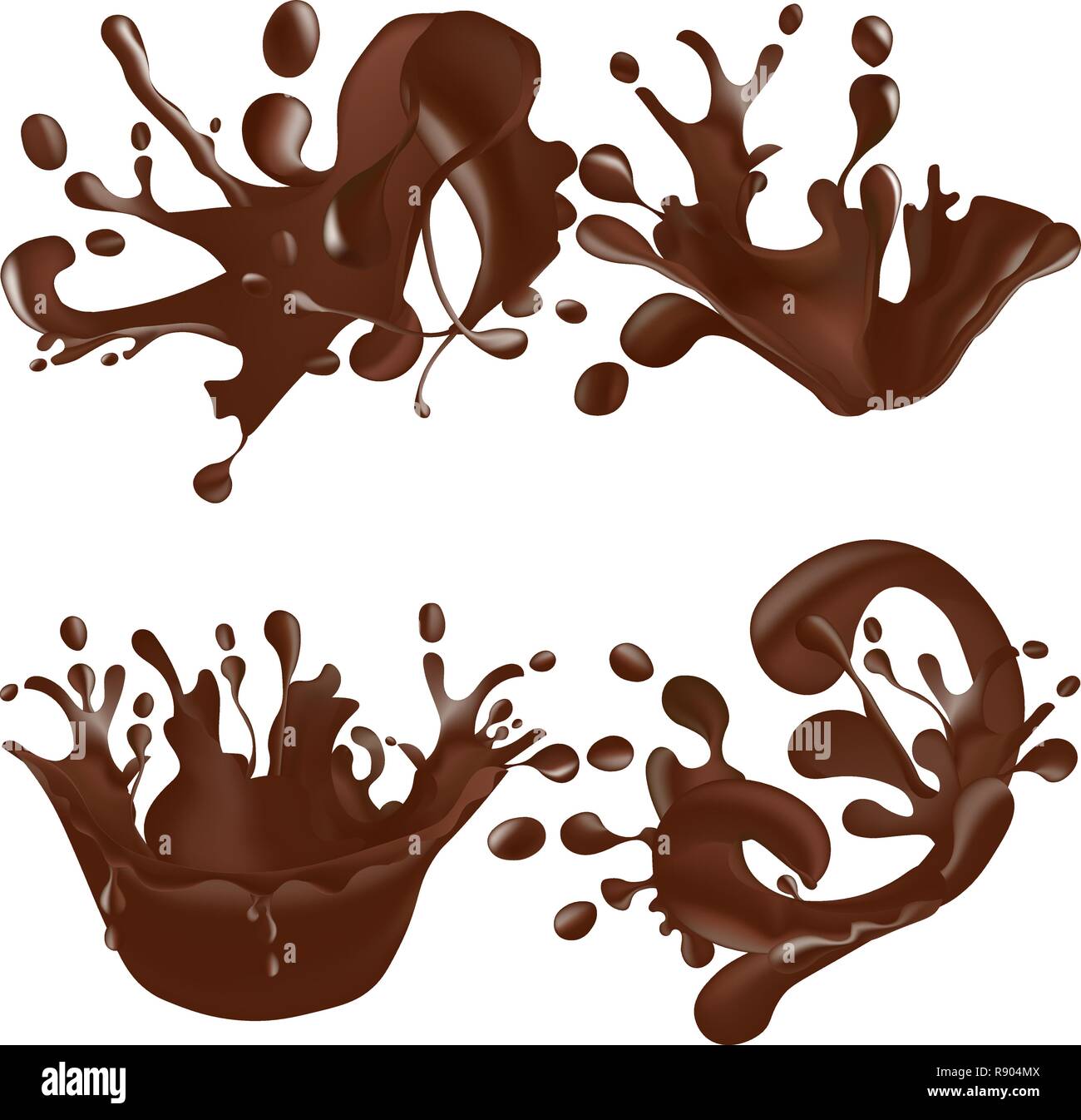 Set of realistic chocolate splashes isolated on white background. Vector illustration Stock Vector