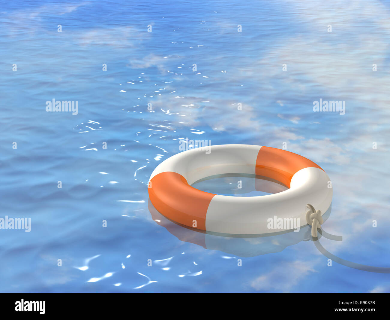 Download this stock image: The 3d lifebuoy ring, floating on waves - R9087B...