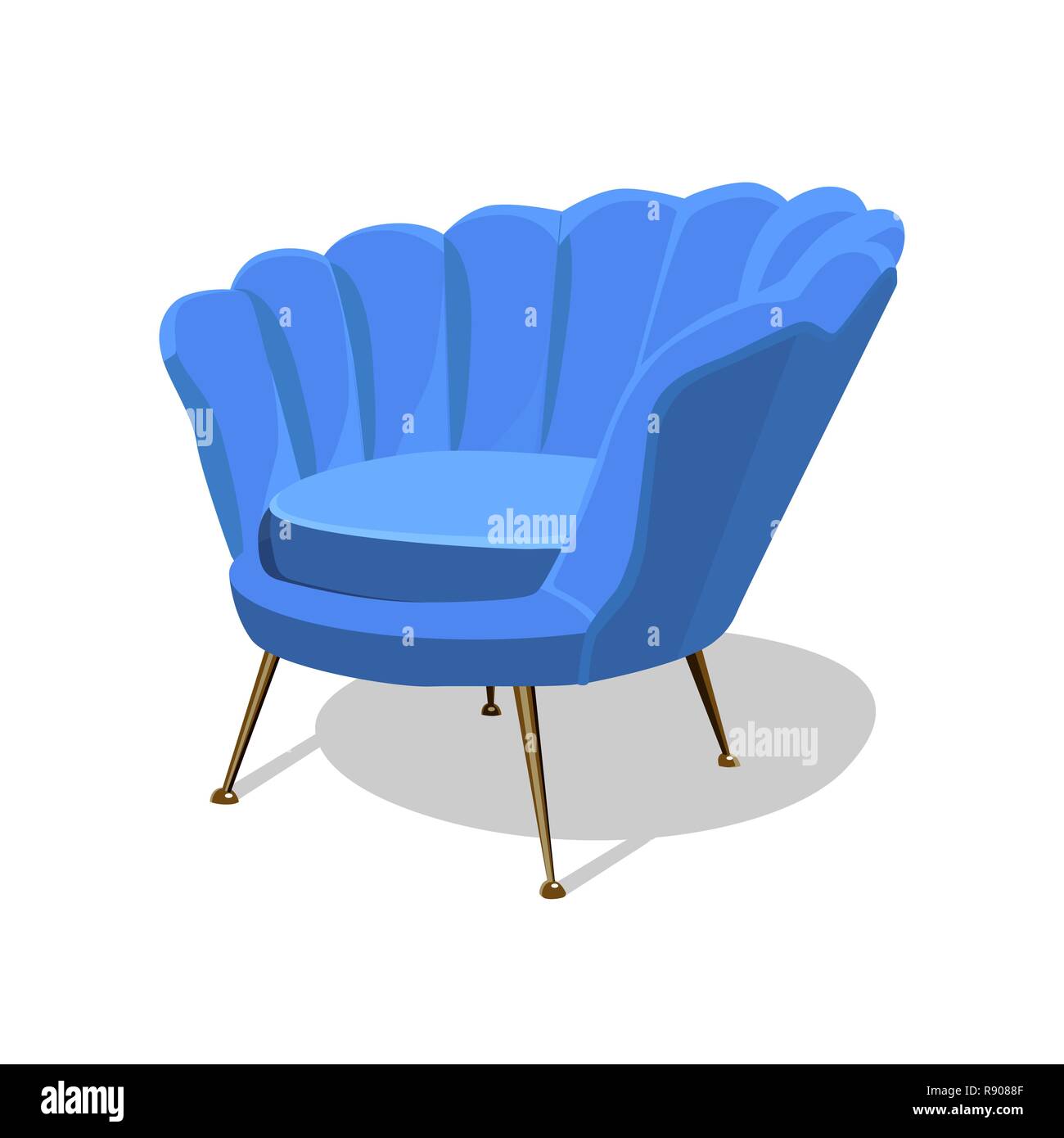 Modern blue soft armchair with upholstery - interior design element isolated on white background. Stock Vector