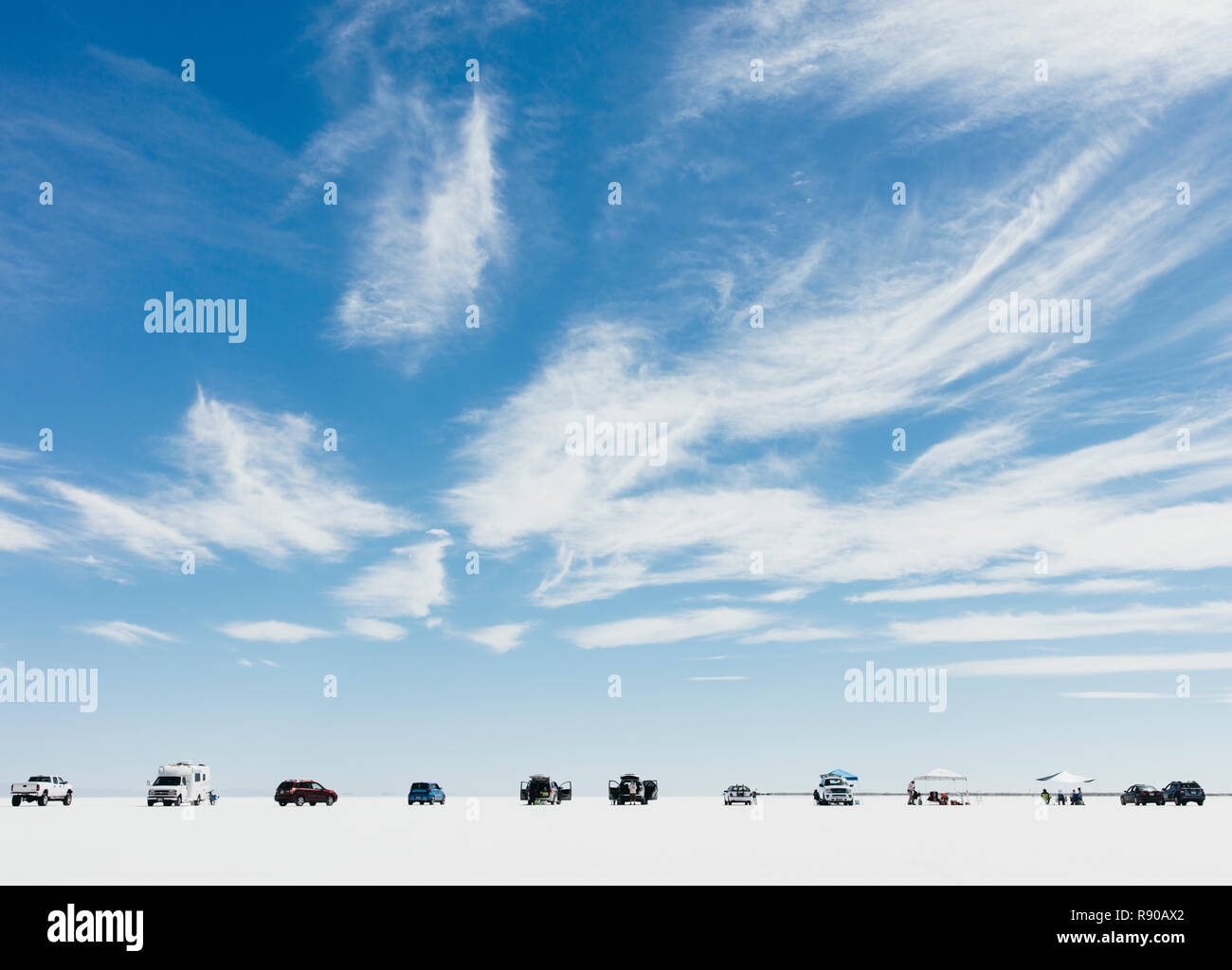 Cars and spectators lined up on Salt Flats during World of Speed Stock Photo