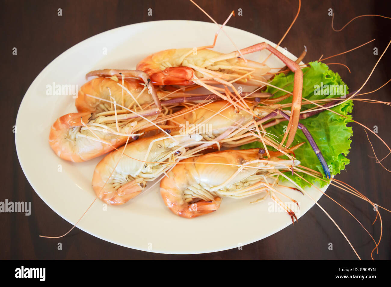 Steamed Seafood from sea market, Fresh Tasty Appetizing Cooked Tiger