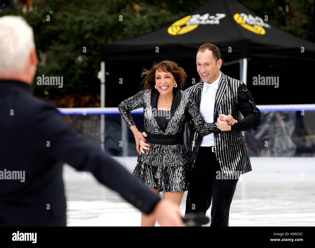 Didi Conn (left) and Lukasz Rozycki during the press launch for the upcoming series of Dancing On Ice at the Natural History Museum Ice Rink in London. Picture date: Tuesday December 18, 2018. Photo credit should read: David Parry/PA Wire Stock Photo