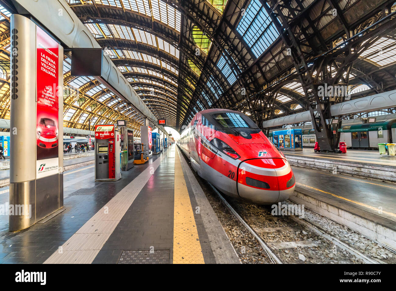 MILANO, ITALY - DECEMBER 12, 2018: TRENITALIA FRECCIAROSSA train waiting at Milano Centrale station Stock Photo