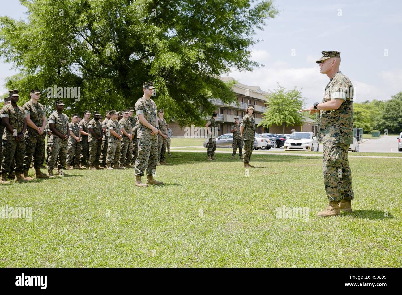 U.S. Marine Corps Brig. Gen. Maxwell, commanding general, II Marine Expeditionary Force (II MEF), addresses Marines and Sailors of 2nd Medical Battalion, II MEF, before receiving the “Lt. Gen. Chesty Puller” Outstanding Leadership Award on Camp Lejeune, N.C., May 10, 2017. The battalion earned this award for exceptional professional ability, superior performance and dedication to supporting the mission of the II MEF. Stock Photo