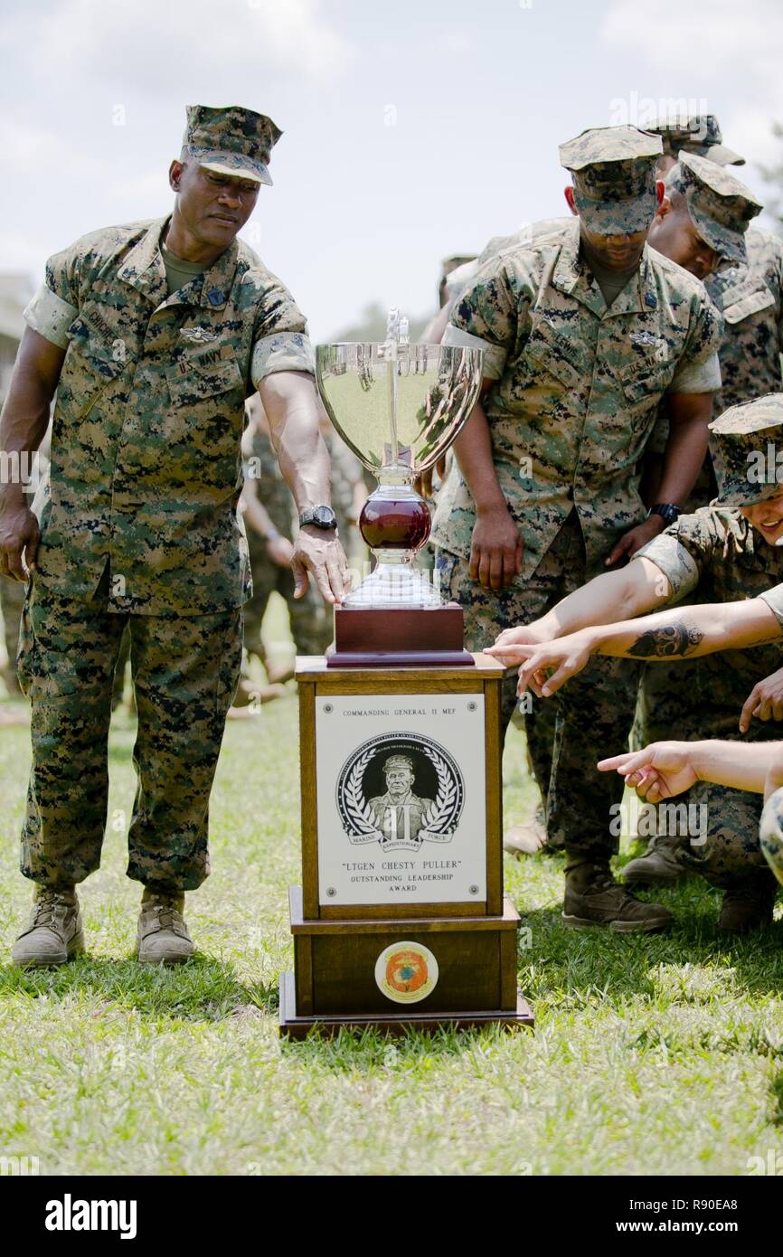 U.S. Marines and Sailors of 2nd Medical Battalion, II Marine Expeditionary Force (II MEF), touch the “Lt. Gen. Chesty Puller” Outstanding Leadership Award trophy after being presented with it on Camp Lejeune, N.C., May 10, 2017. The battalion earned this award for exceptional professional ability, superior performance and dedication to supporting the mission of the II MEF. Stock Photo