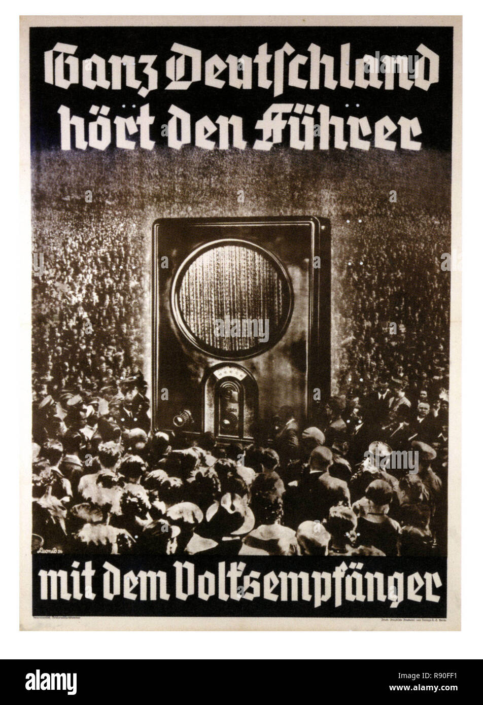 All Of Germany Hears The Fuhrer With The Peoples Radio - Vintage German Nazi Propaganda Poster Stock Photo
