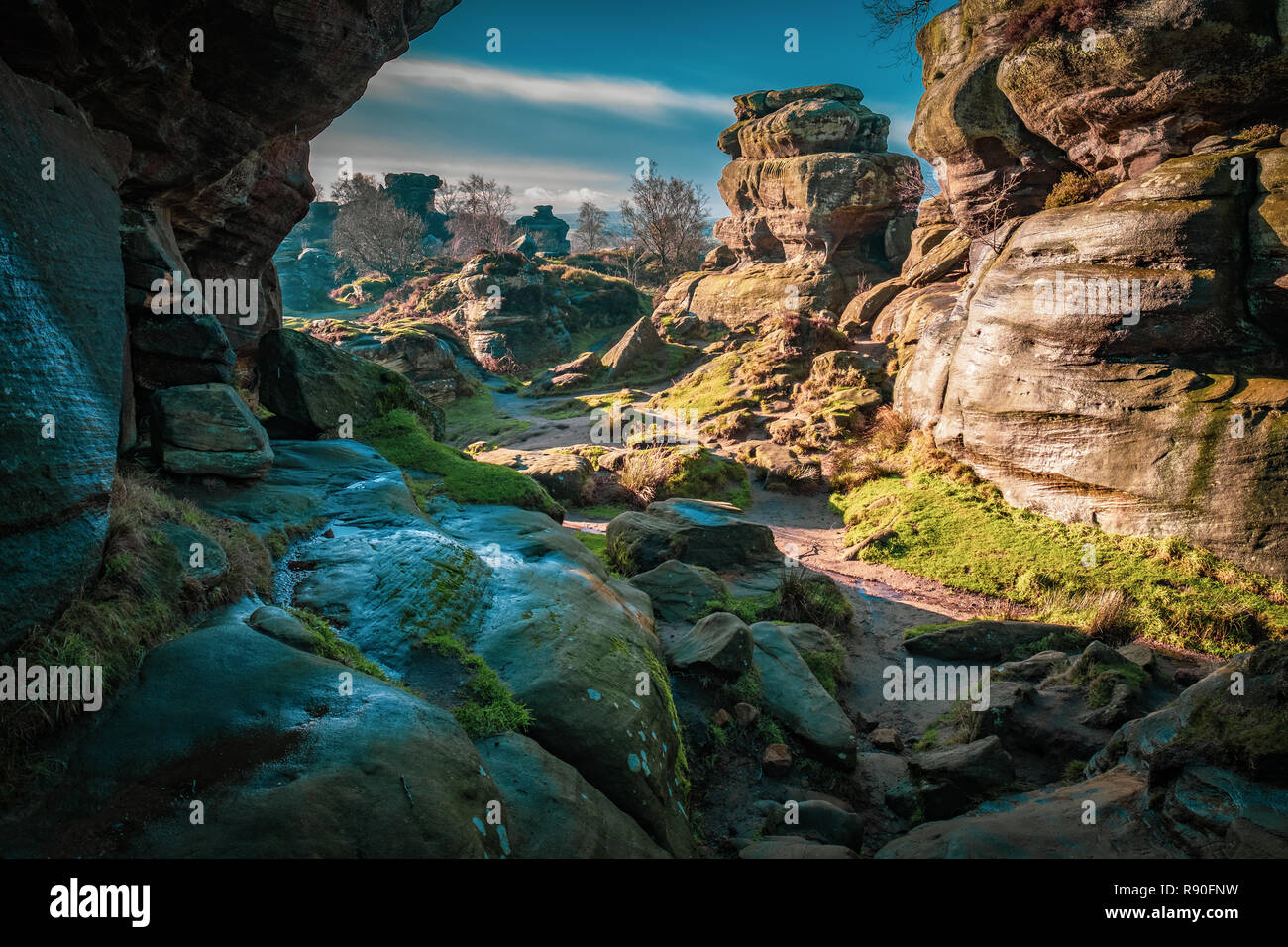 Natural Sandstone Rock Formations. Brimham Rocks. Rock Canyon Stock Photo