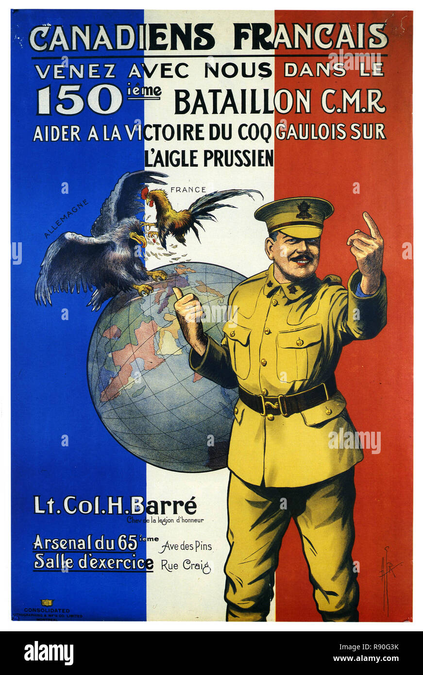 Help The French Rooster In Its Victory Over The Prussian Eagle - Vintage French Canadian Propaganda Poster WWI Stock Photo